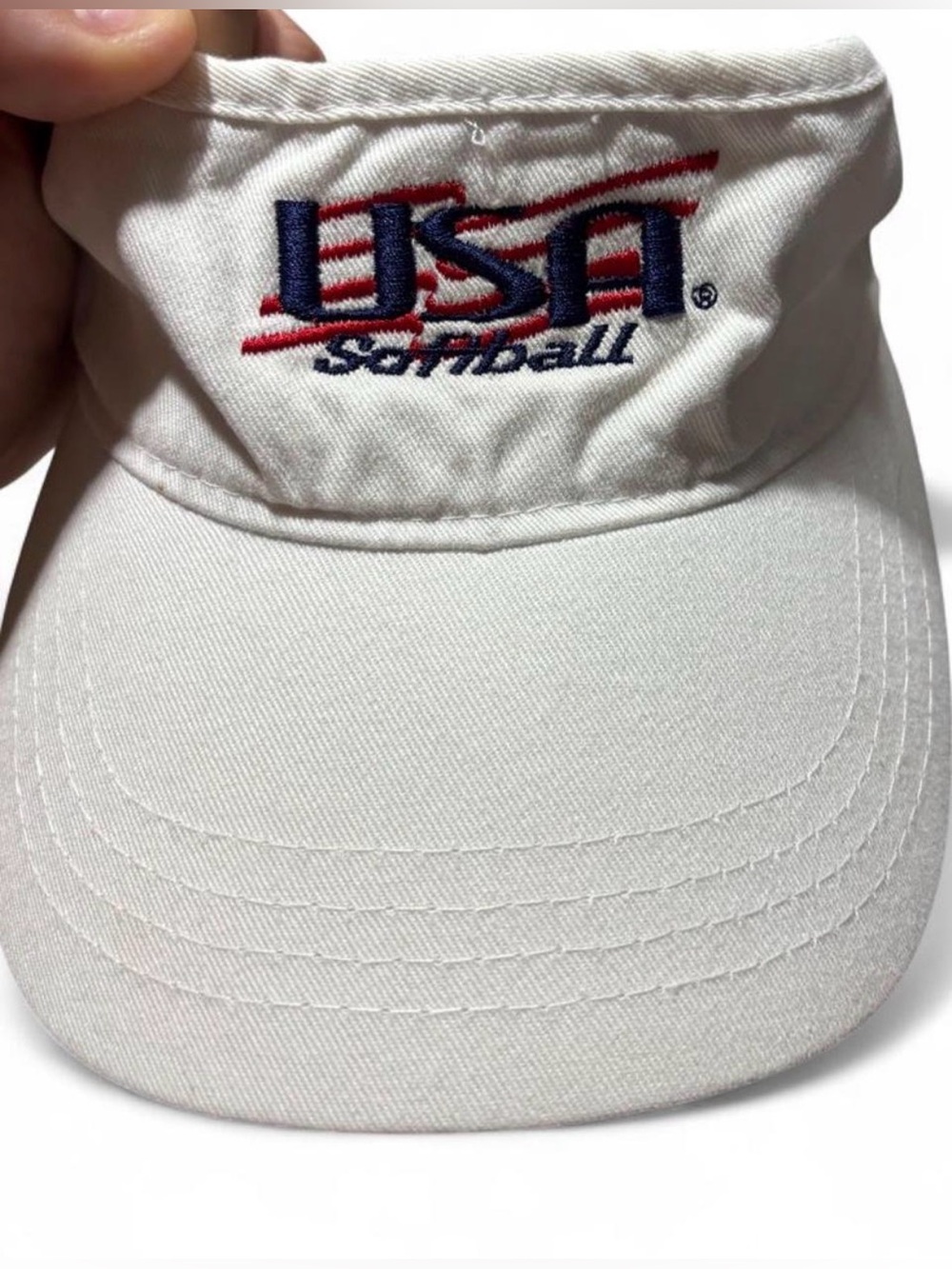 White USA Softball visor with embroidered logo #softball #sports